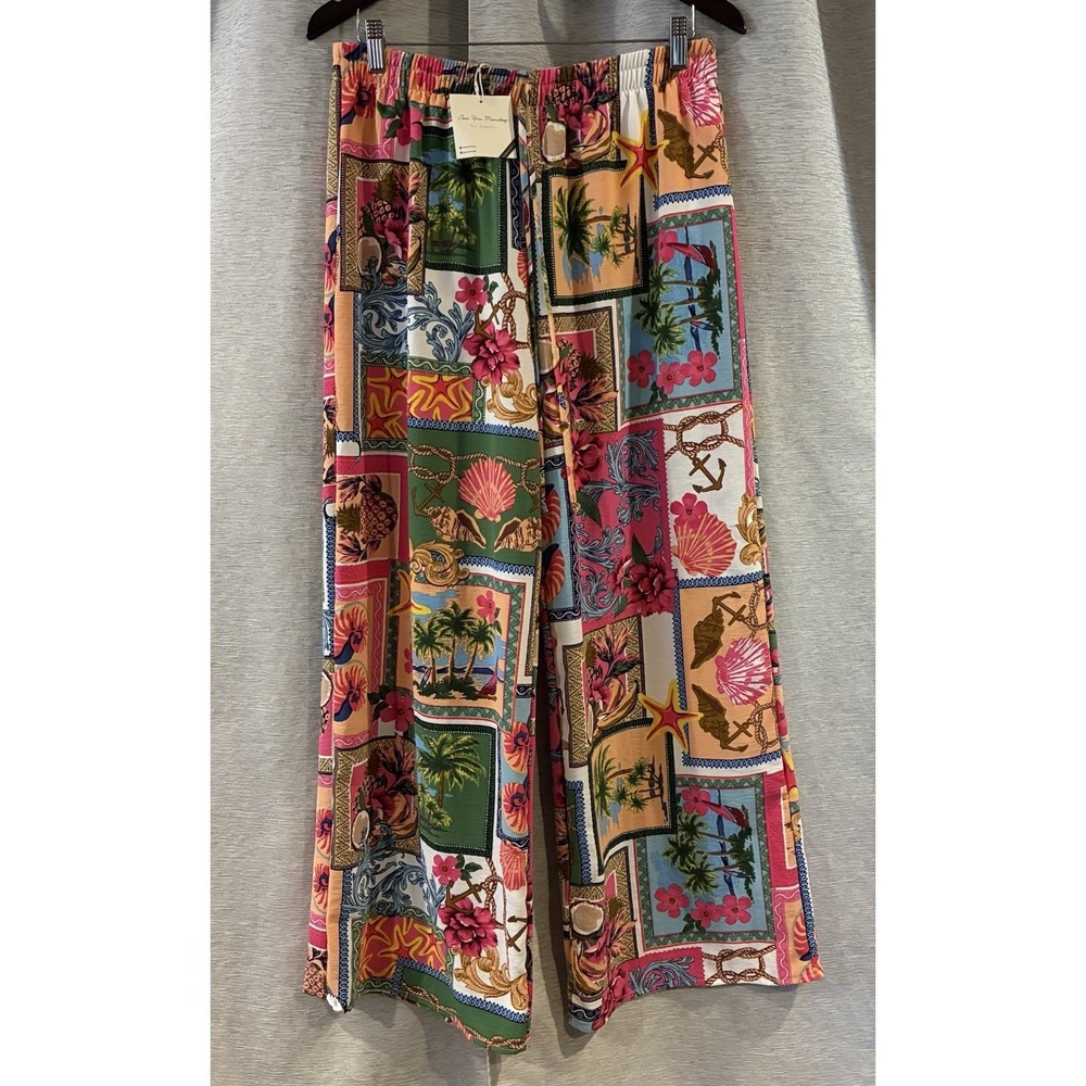 Patchwork Tropical Print Wide Leg‎ Pants Sz XL Pink Beach Vacation Festival